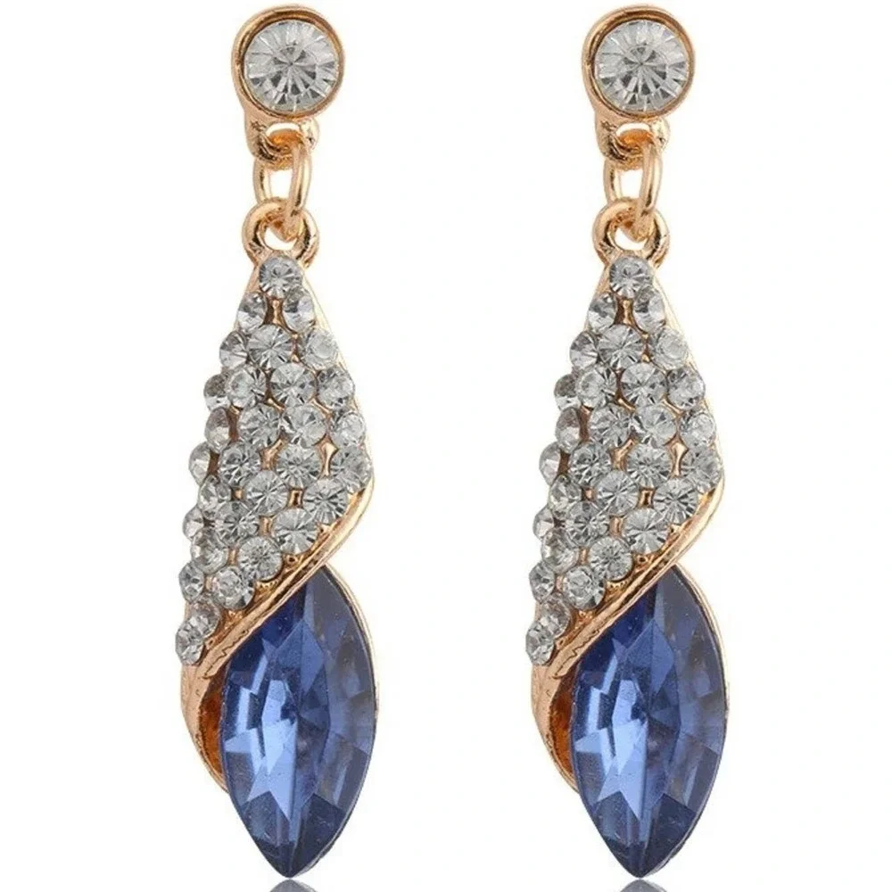 Blue Crystal Gold Tone Drop Earrings Rhinestone Dangle Formal Evening‎ Jewelry